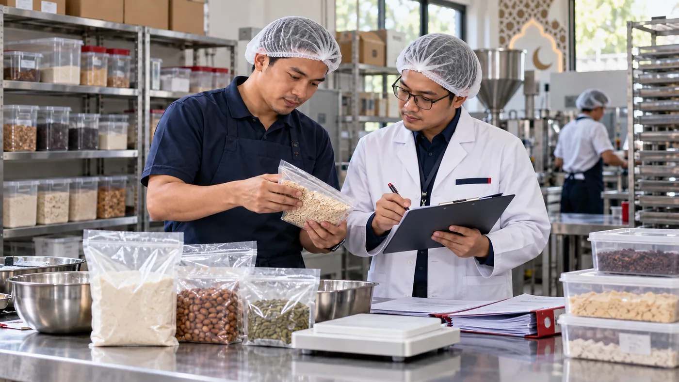 Pemeriksa meninjau bahan dan dokumen di fasilitas produksi pangan untuk sertifikasi halal